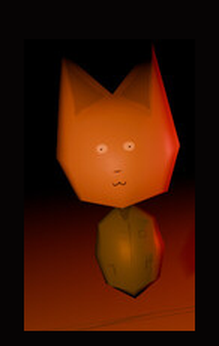 Doug, the fox from GAMBA, lit in a dark room.