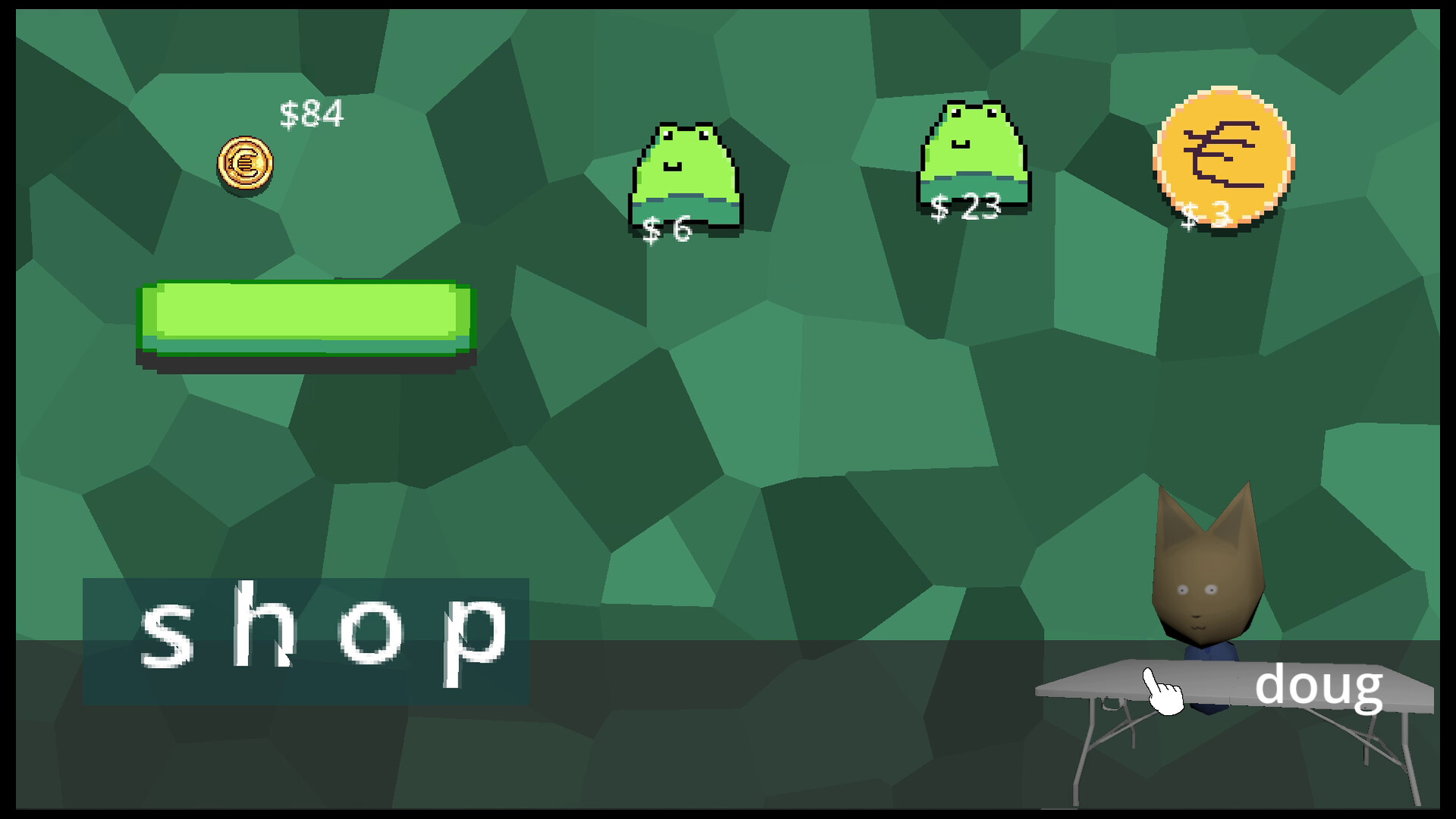 The shop. Doug sits behind a folding table next to frogs priced at $6 and $23.